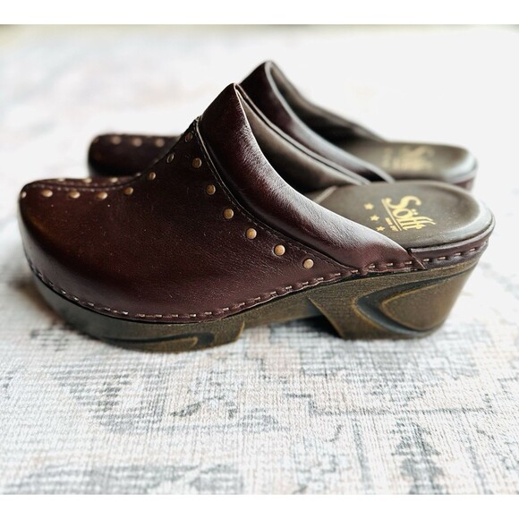 New Sofft Womens Slip Resistant Leather Clogs 7 M Studded Mule Slip On Brown - Picture 3 of 9